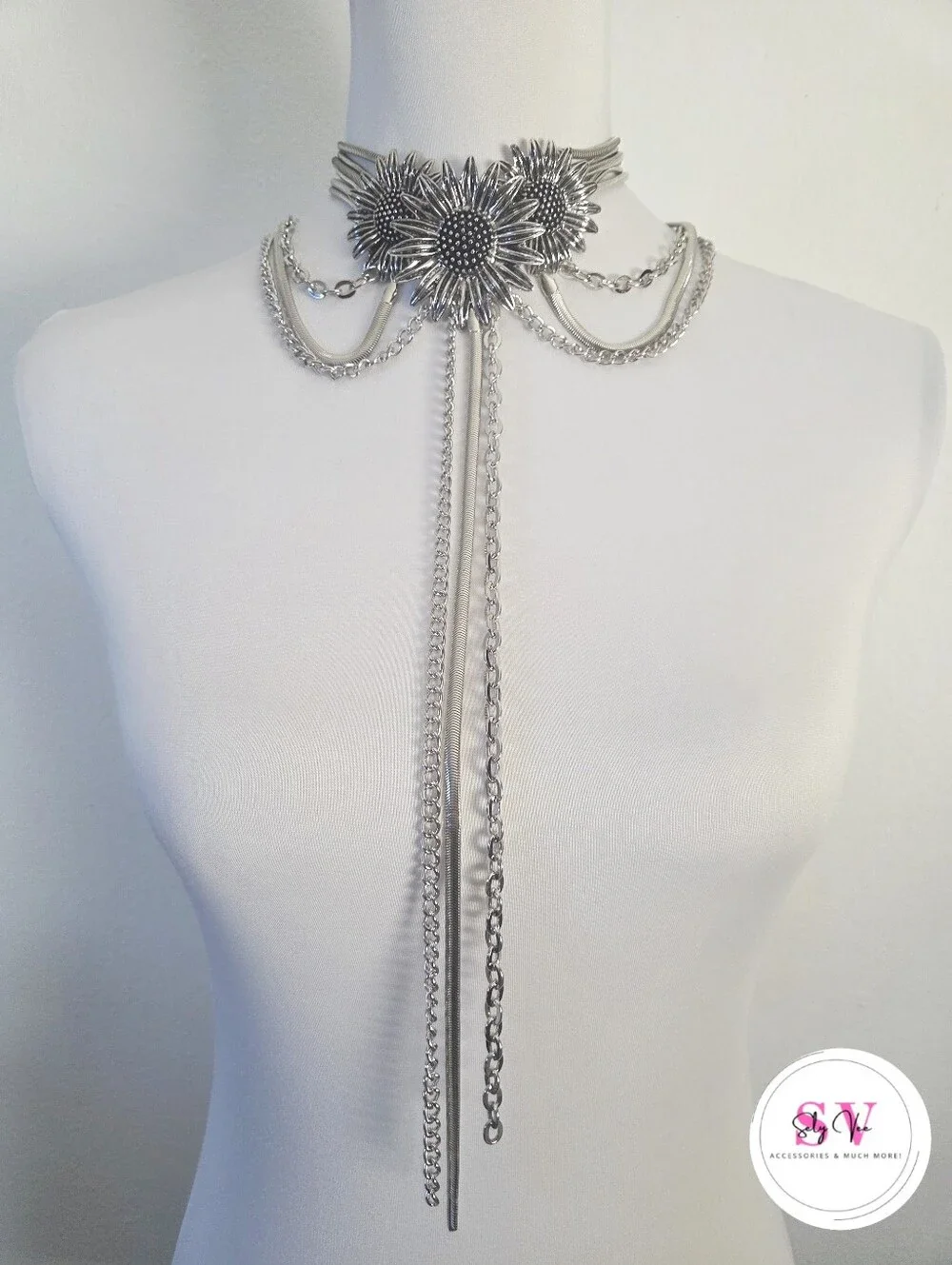 Silver Floral Statement Lariat Necklace - Picture 1 of 7